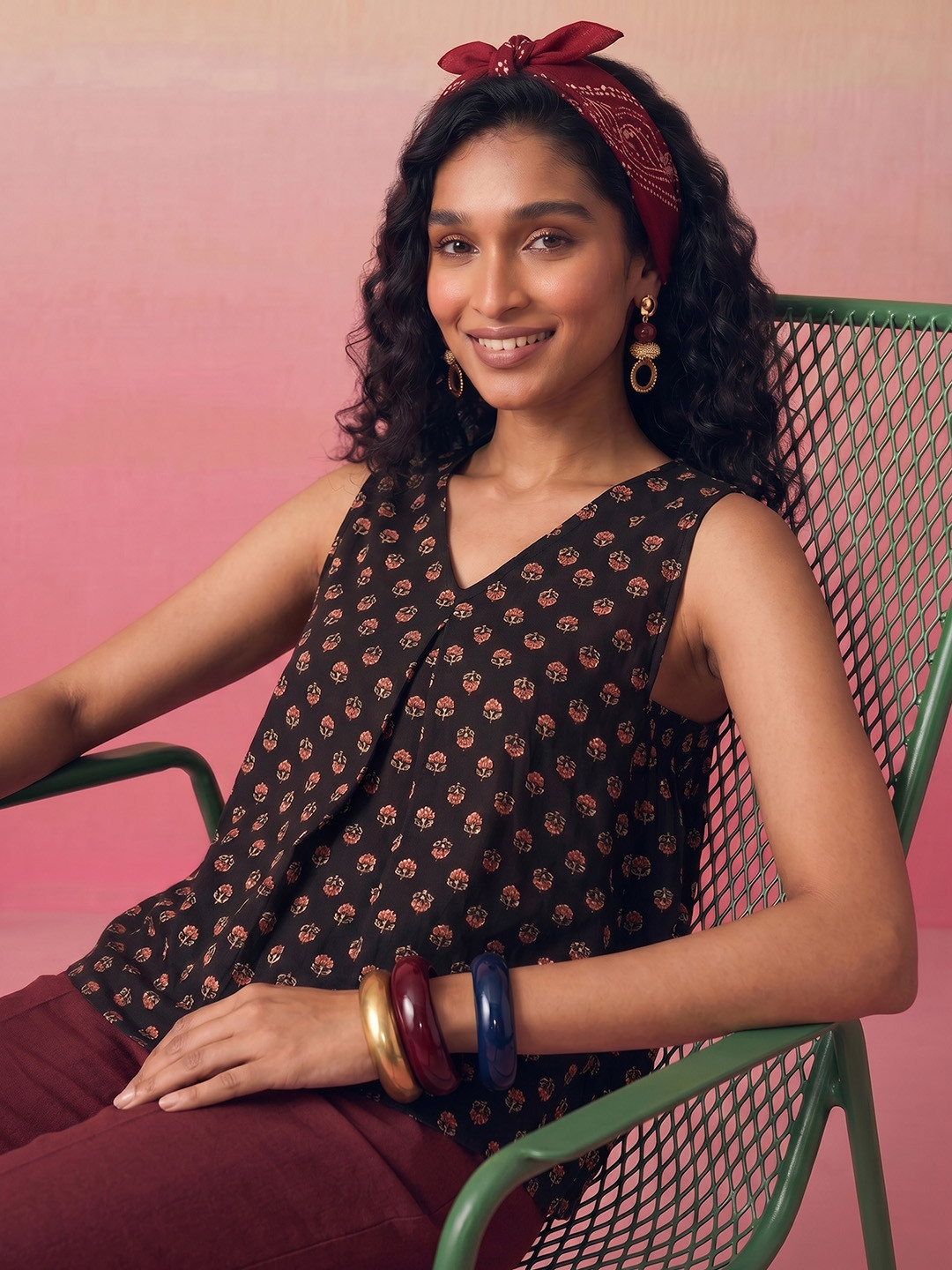 ZACCAI Black Cotton Floral Printed A-Line Top