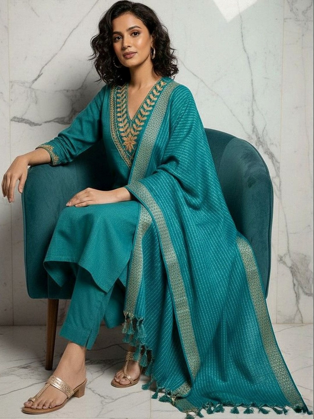 BILANZA Women Ethnic Motifs Embroidered Regular Thread Work Kurta with Trousers & With Dupatta