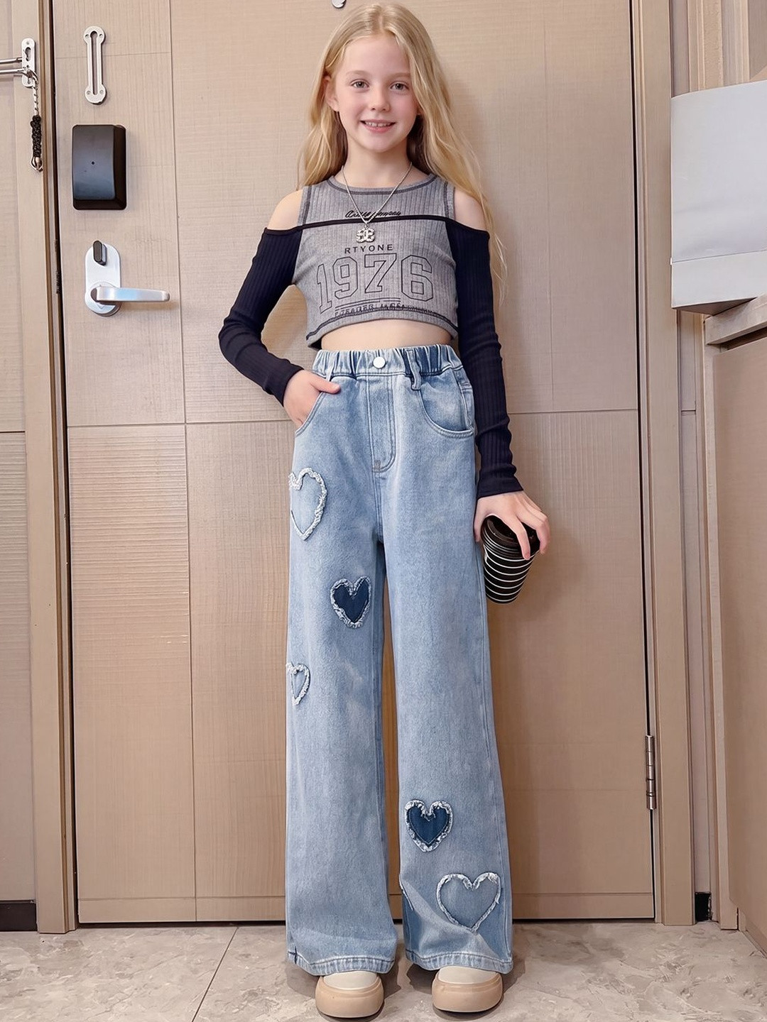 Girls Blue Cotton Patchwork Wash Jeans 5