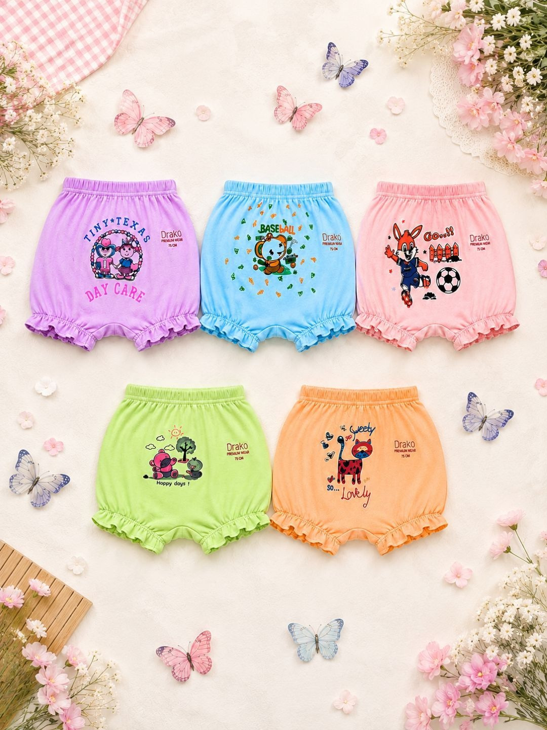 DRAKO Girls Pack of 5 Printed Cotton Mid-Rise Bloomer Boy Shorts
