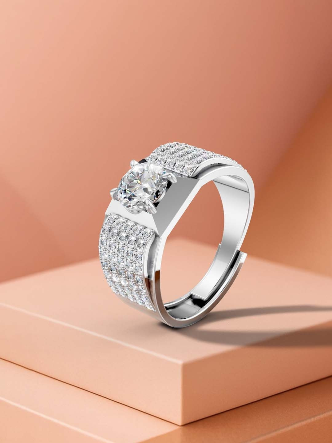 MISS HIGHNESS Men 925 Sterling Silver Rhodium-Plated Cubic Zirconia Finger Ring