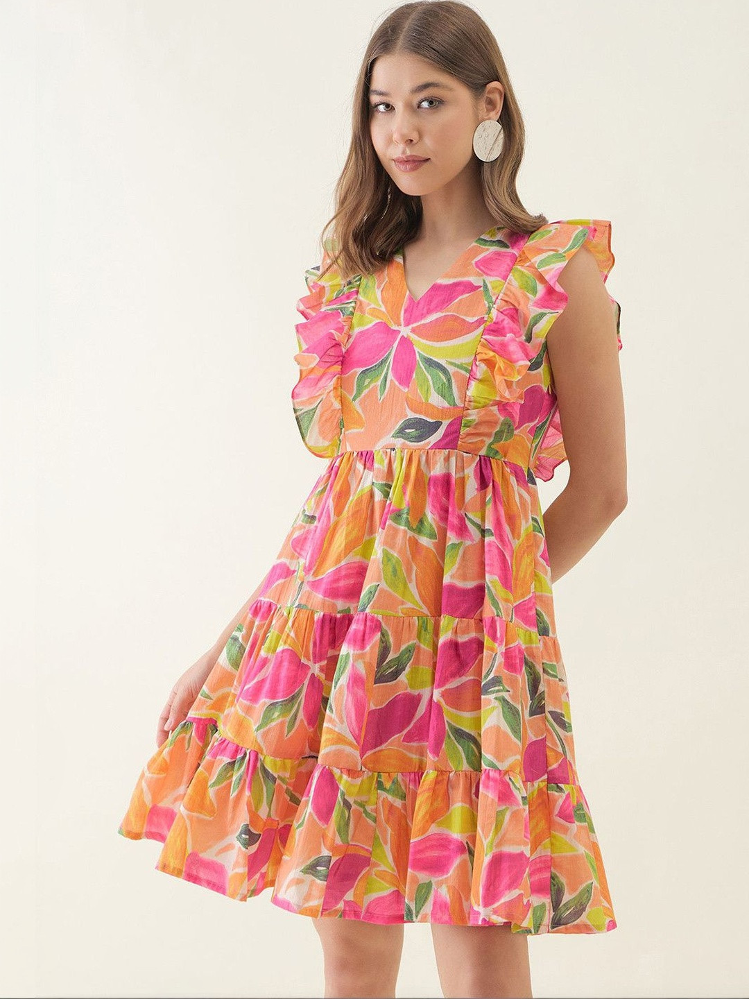 OCTICS Floral Printed Cotton Fit & Flare Mini Dress