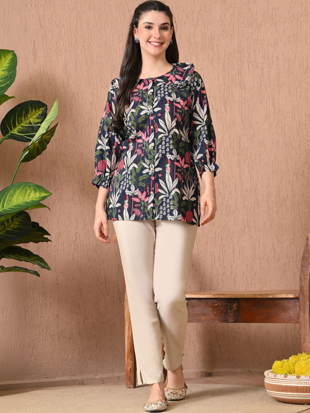 KALINI Floral Print Ruffles Cotton Top