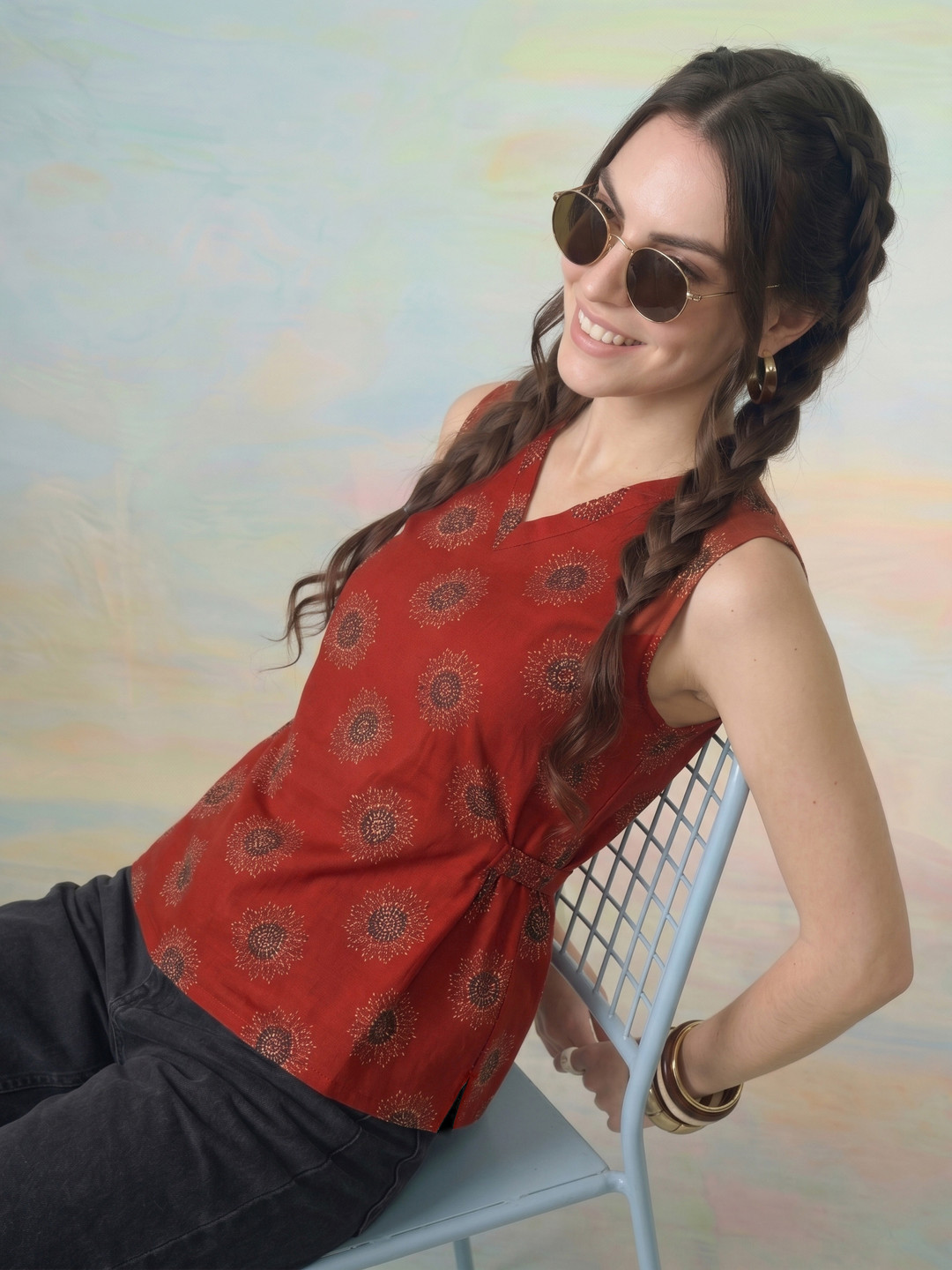ZACCAI Rust Cotton Floral Printed A-Line Top