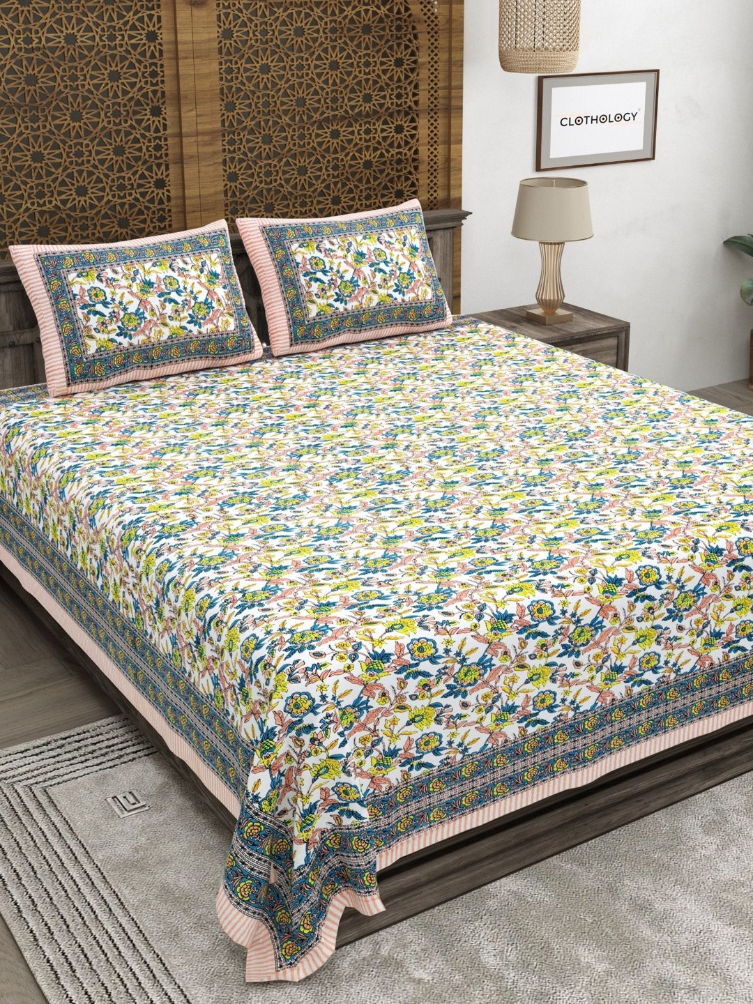 CLOTHOLOGY Mustard Blue Mughal The Gulbagh Edit 180 TC Cotton King Bedsheet with 2 Pillow Cover