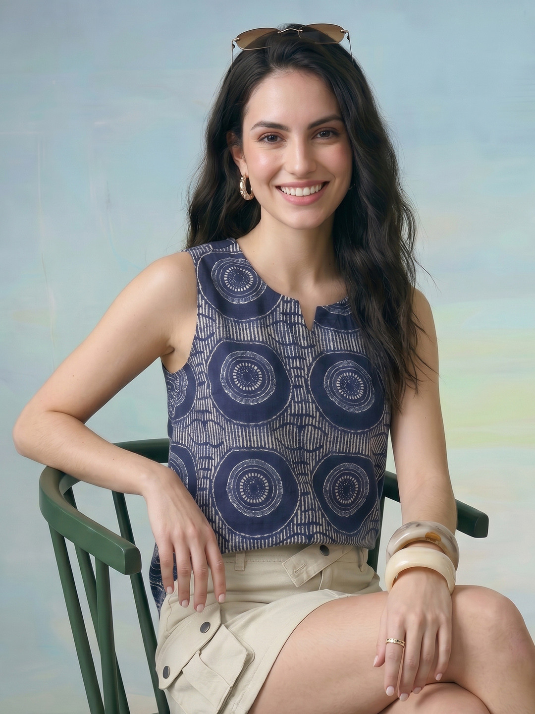 ZACCAI Indigo Blue Cotton Geometric Printed Top