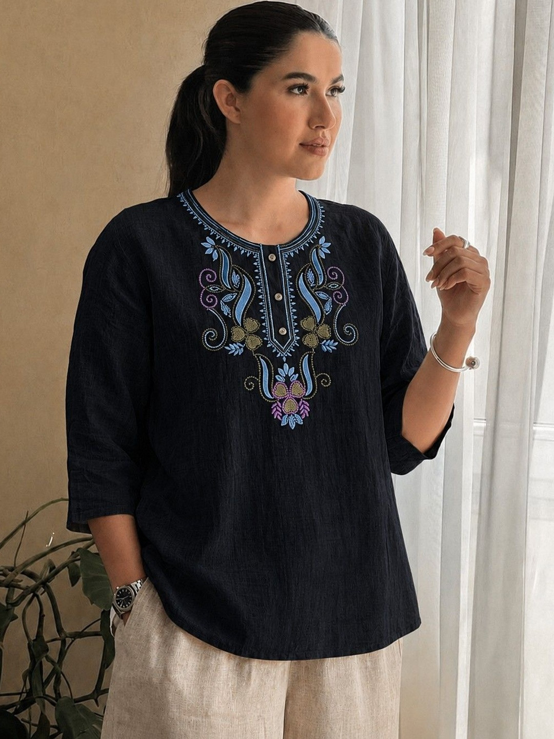 MAKHHI WEAR YOUR VIBE Embroidered Ethnic Cotton Blend Top