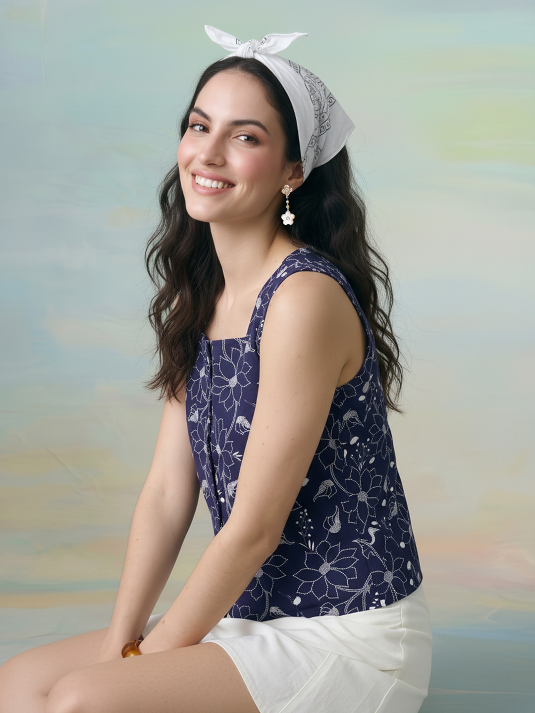 ZACCAI Navy Blue Floral Printed Vest Top