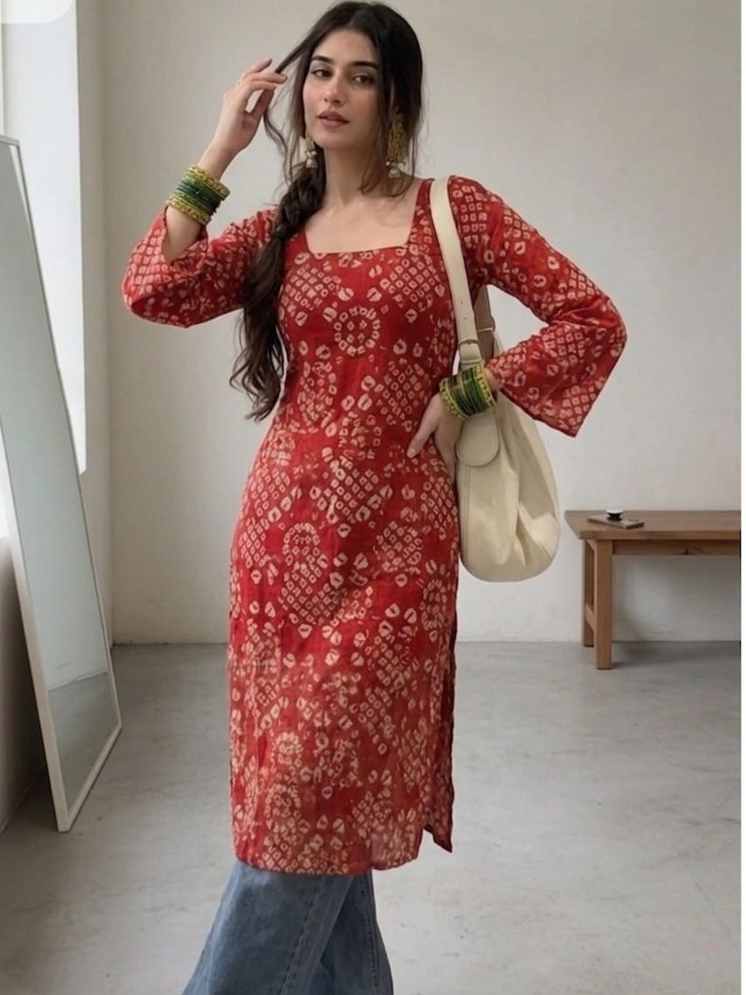 SATITHA Bandhani Printed Square Neck Pure Cotton Kurti
