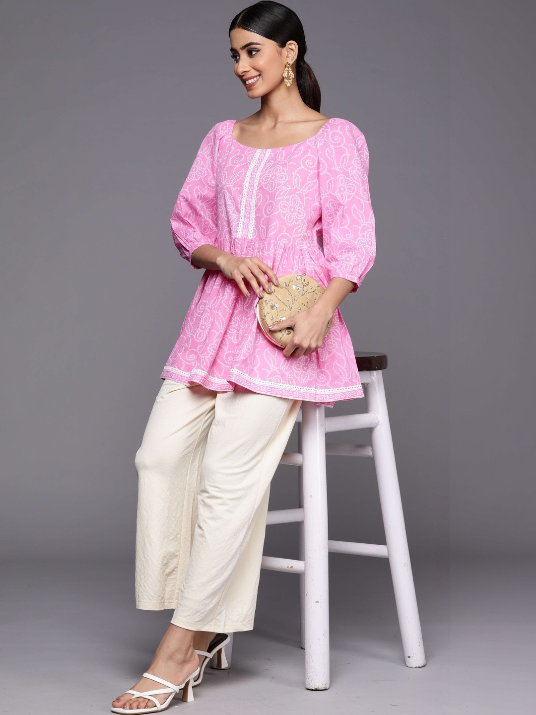 Gerua By Libas Bandhani Printed Boat Neck Panelled Kurti