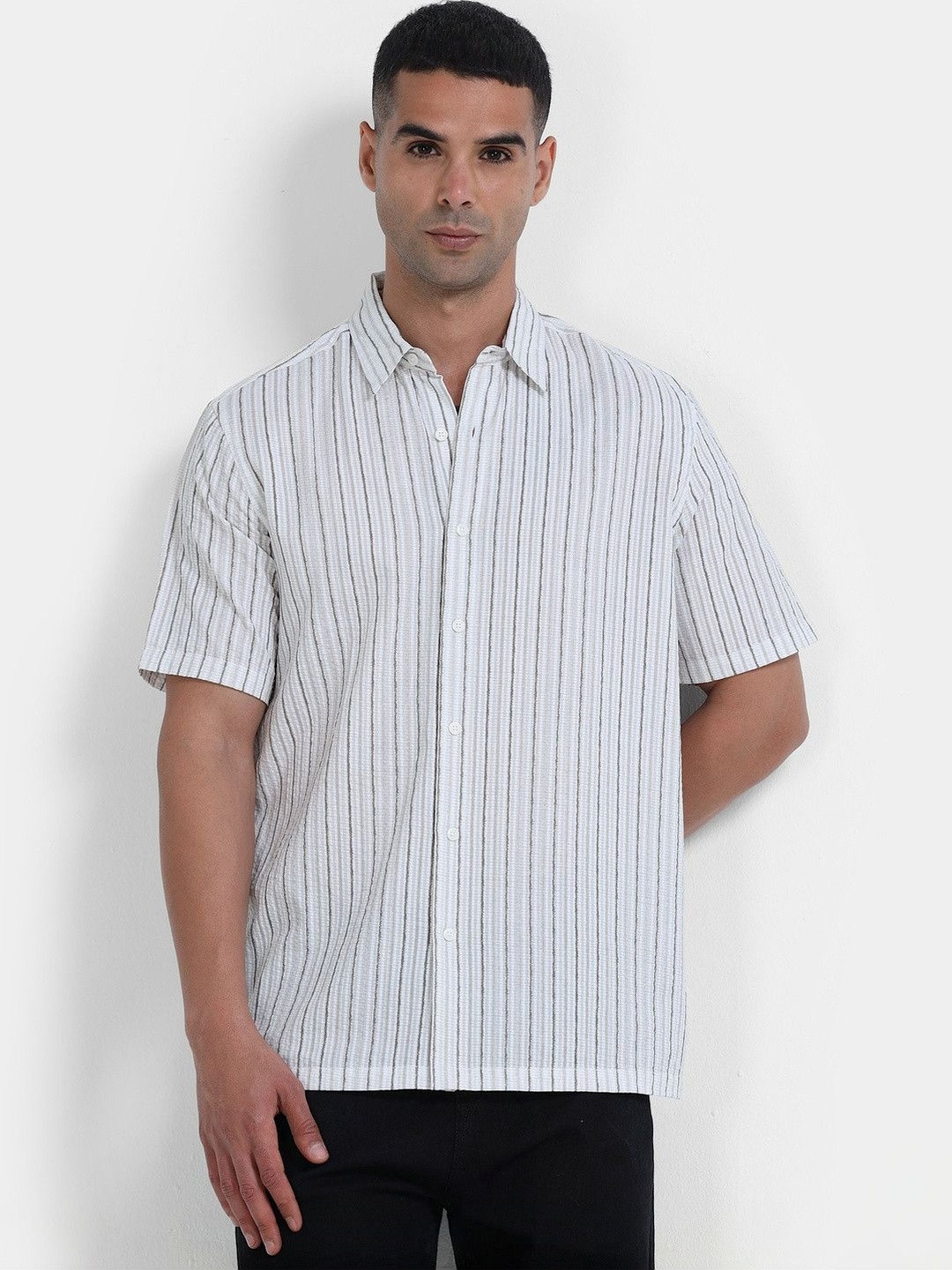StitchX Men Half Sleeve Textured Striped Seersucker Resort Shirt