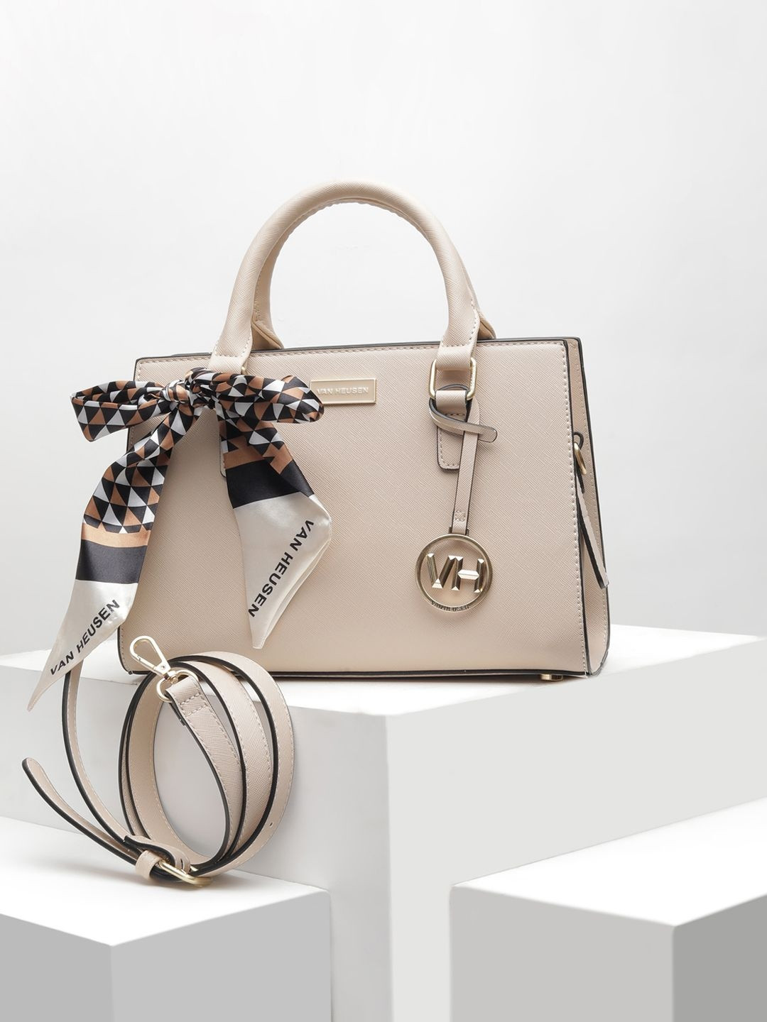 Van Heusen Woman Textured PU Structured Handheld Bag with Bow Detail