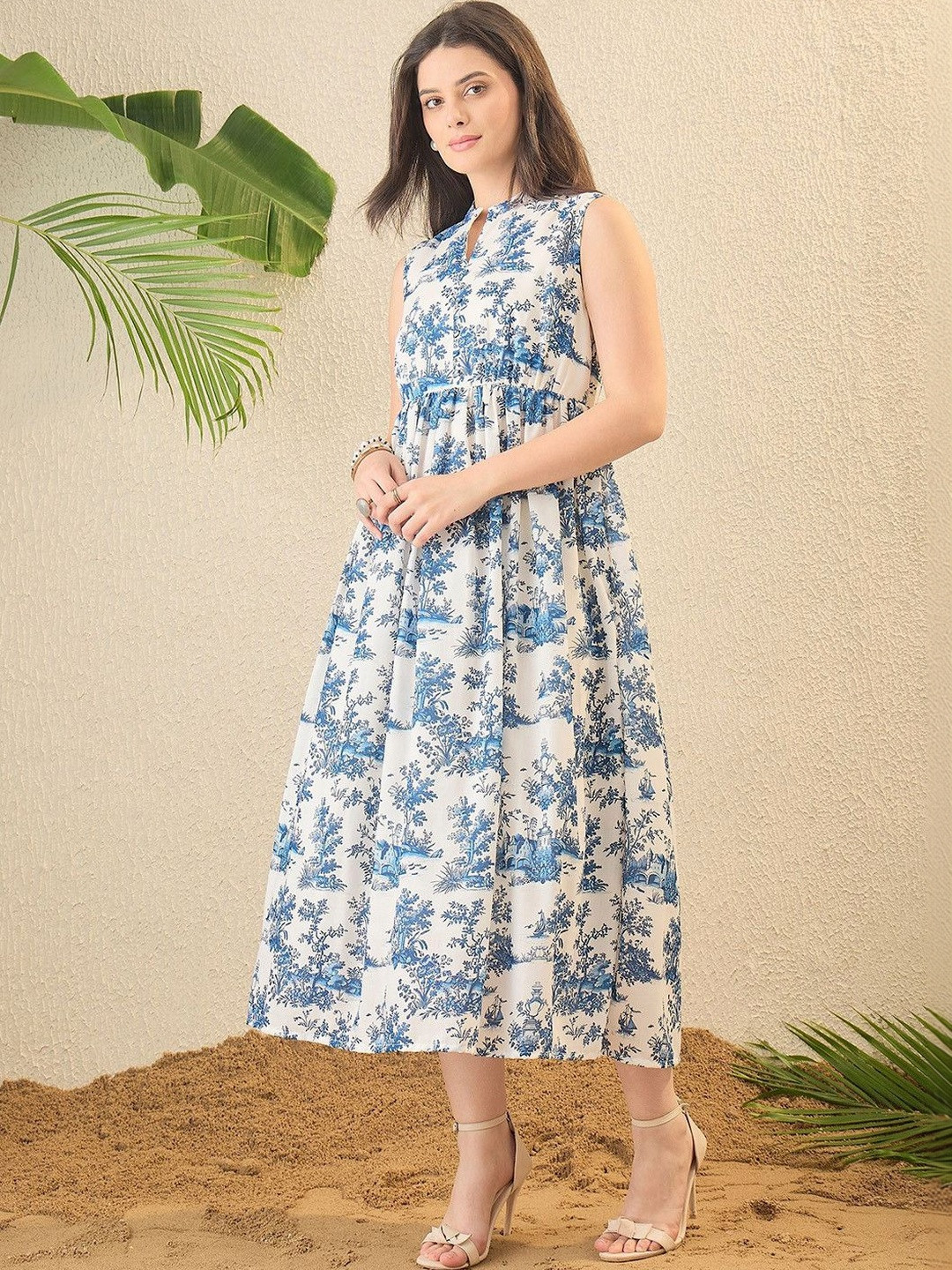 OCTICS Women Floral Printed Mandarin Collar Cotton A-Line Midi Dress