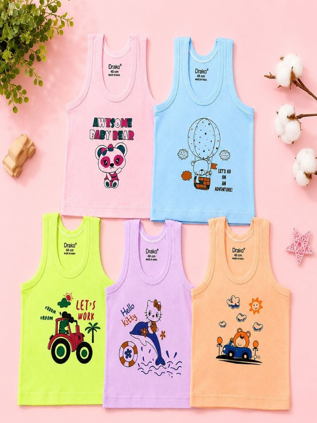 DRAKO Infants Boys Pack Of 5 Printed Cotton Basic Vests