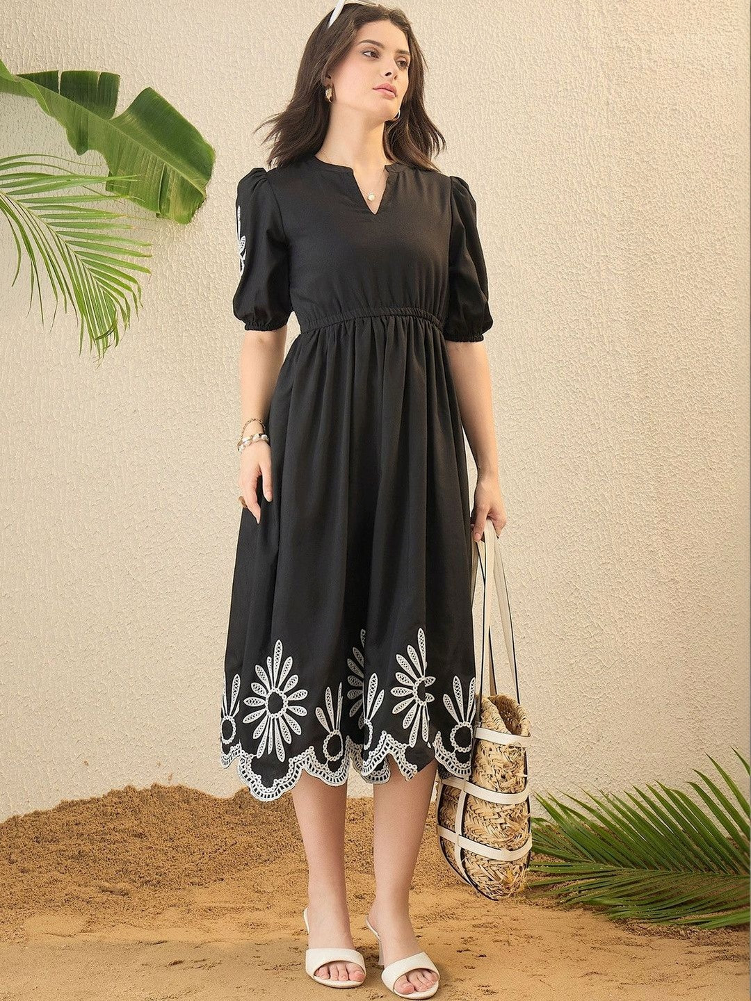 OCTICS Floral Embroidered Puff Sleeve Fit & Flare Midi Dress