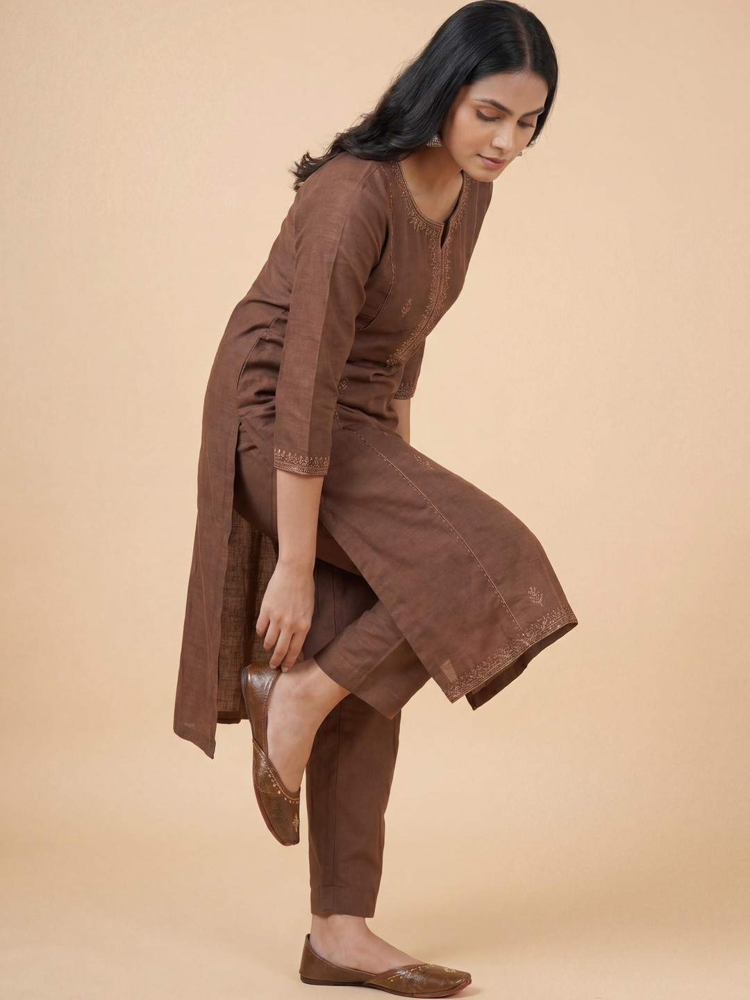 Fulkari Women Tan Embellished Ethnic Mojaris