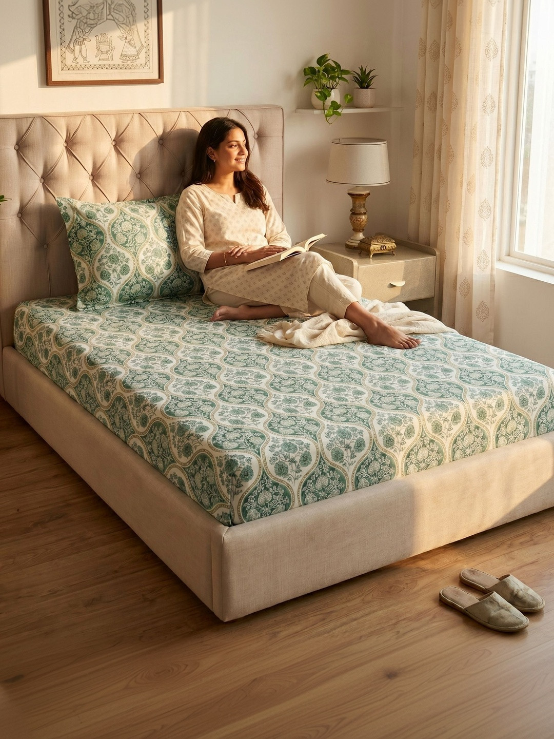 MAFATLAL White Floral 186 TC Single Bedsheet with 1 Pillow Covers
