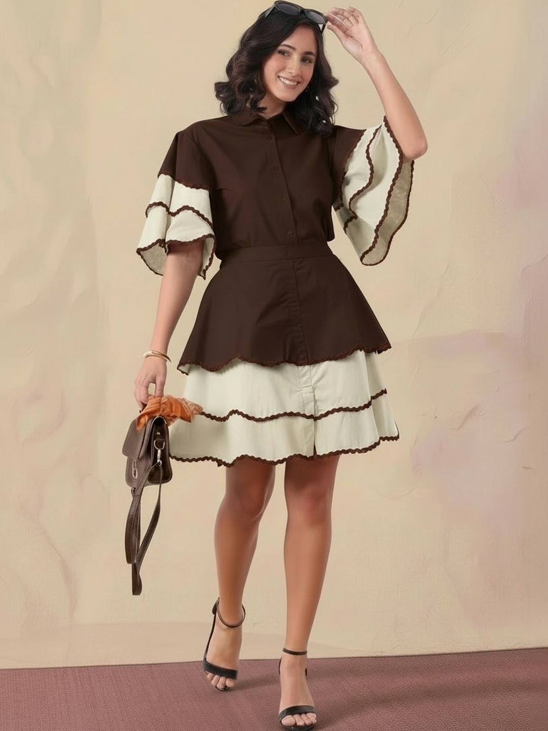 DEEBACO Ruffled Cotton Colourblocked Shirt with Skirt