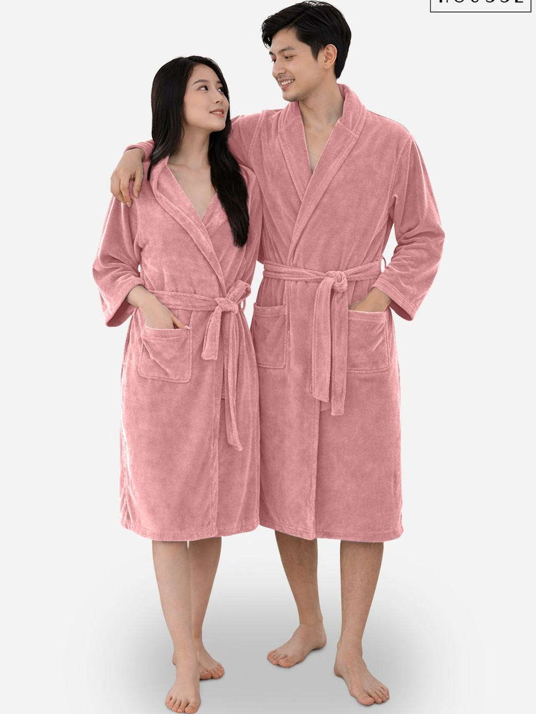 HOUSSE Red Solid Microfibre Drawstring Midi Bath Robe-L