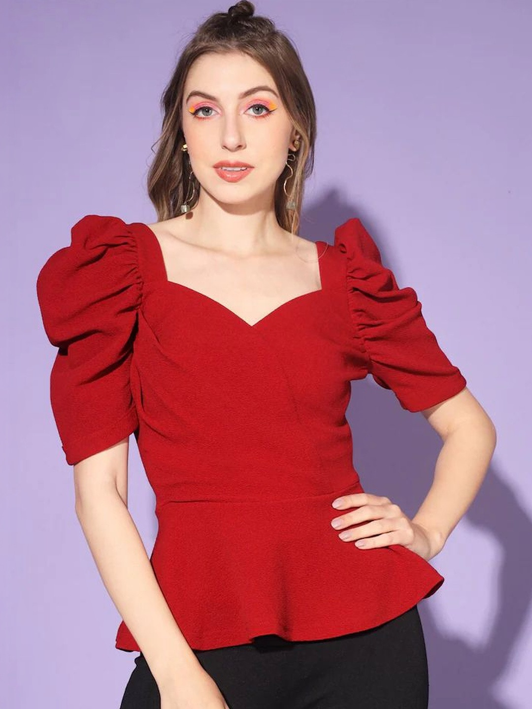 Miss & Chief Sweetheart Neck Puff Sleeve Peplum Top