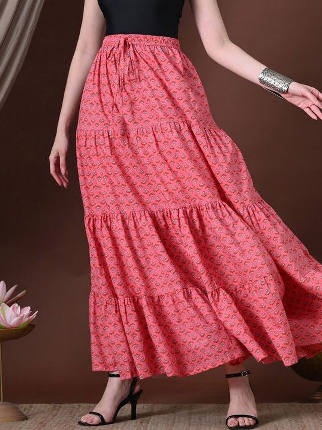 MFGIVA Women Cotton Self Design Tiered Maxi Tiered Skirt