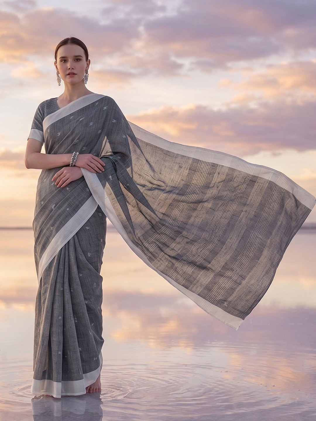elora Grey Soft Linen Butti Printed Bhagalpuri Saree