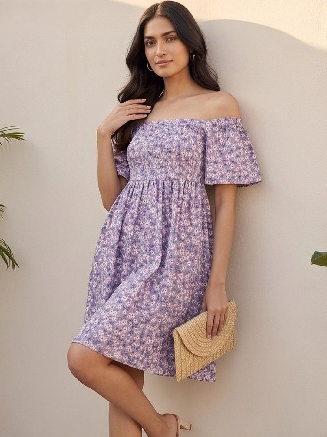 Varanga Floral Print Off-Shoulder Flared Sleeve A-Line Dress
