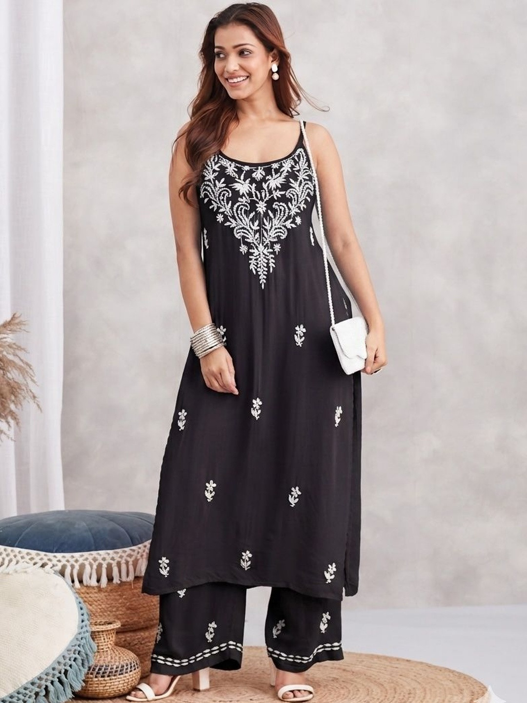 Karicraft Women Ethnic Motifs Embroidered Chikankari Kurta with Palazzos