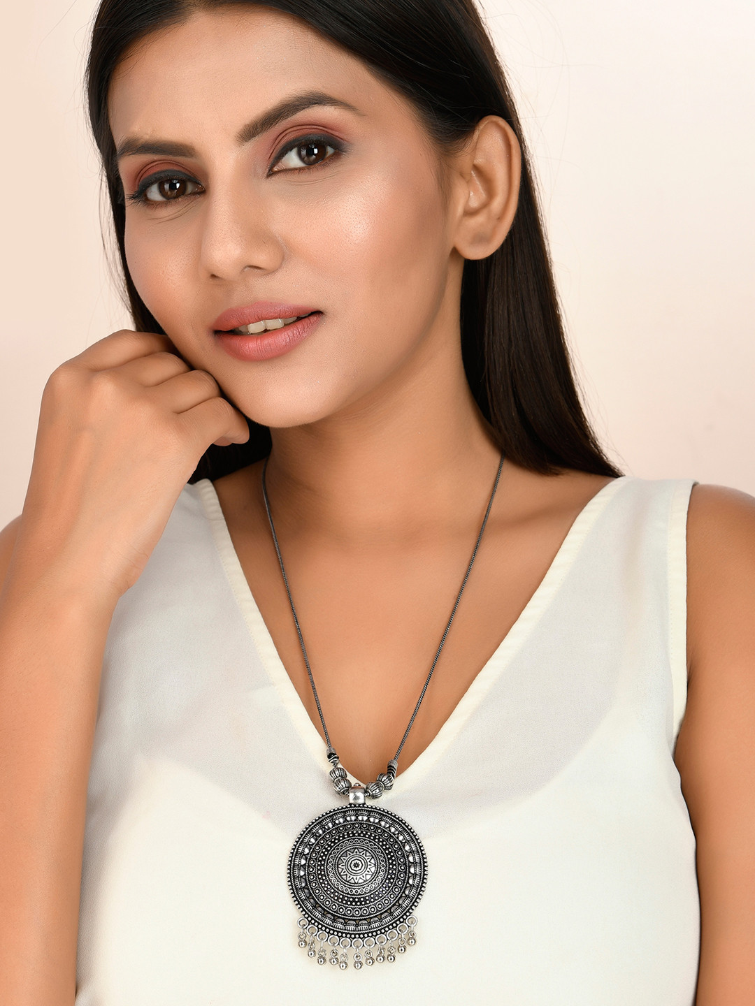 NAMAN ARTS Silver-Plated Artificial Beaded Oxidised Necklace
