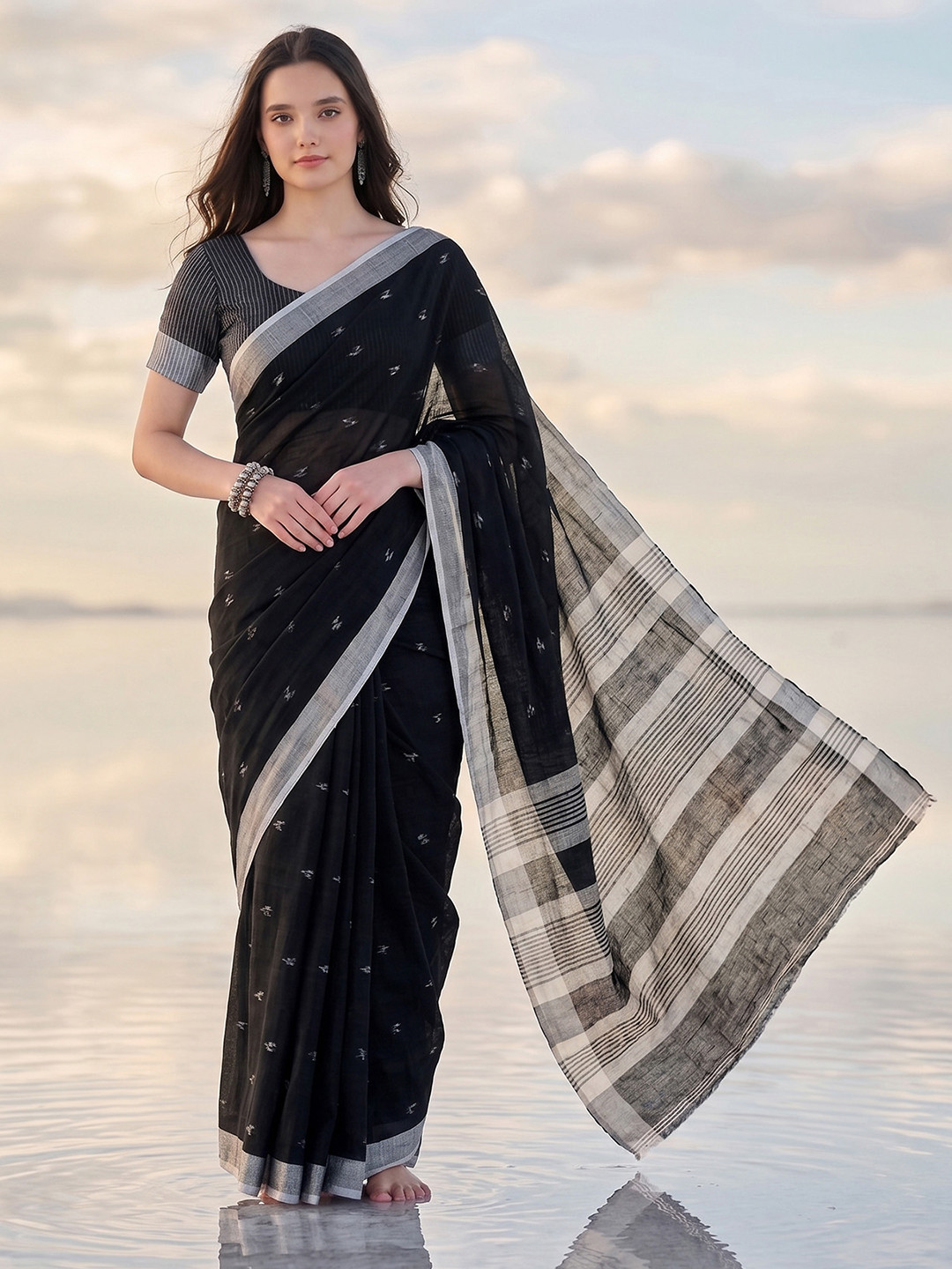 elora Black Soft Linen Butti Printed Bhagalpuri Saree