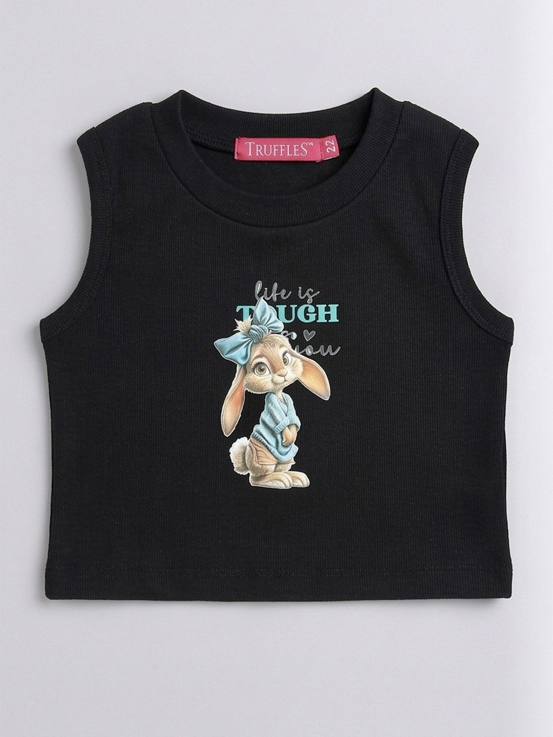 TRUFFLES Girls Black 'life Is Tough' Bunny Graphic Print Ribbed Crop Tops