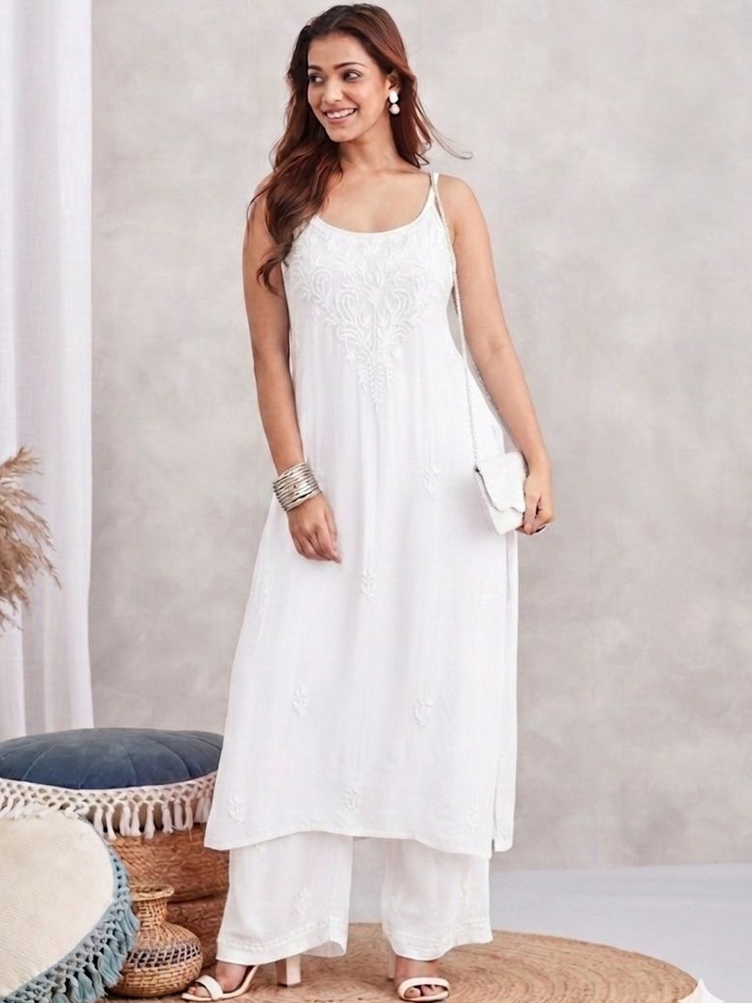 Karicraft Women Ethnic Motifs Embroidered Chikankari Kurta with Palazzos