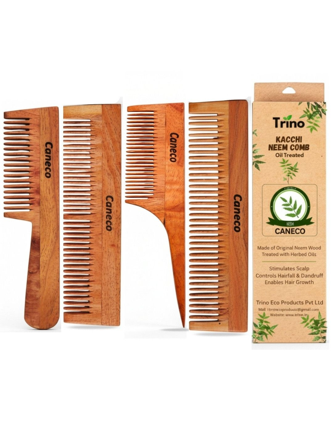 CANECO Set Of 4 Kacchi Neem Wooden Comb