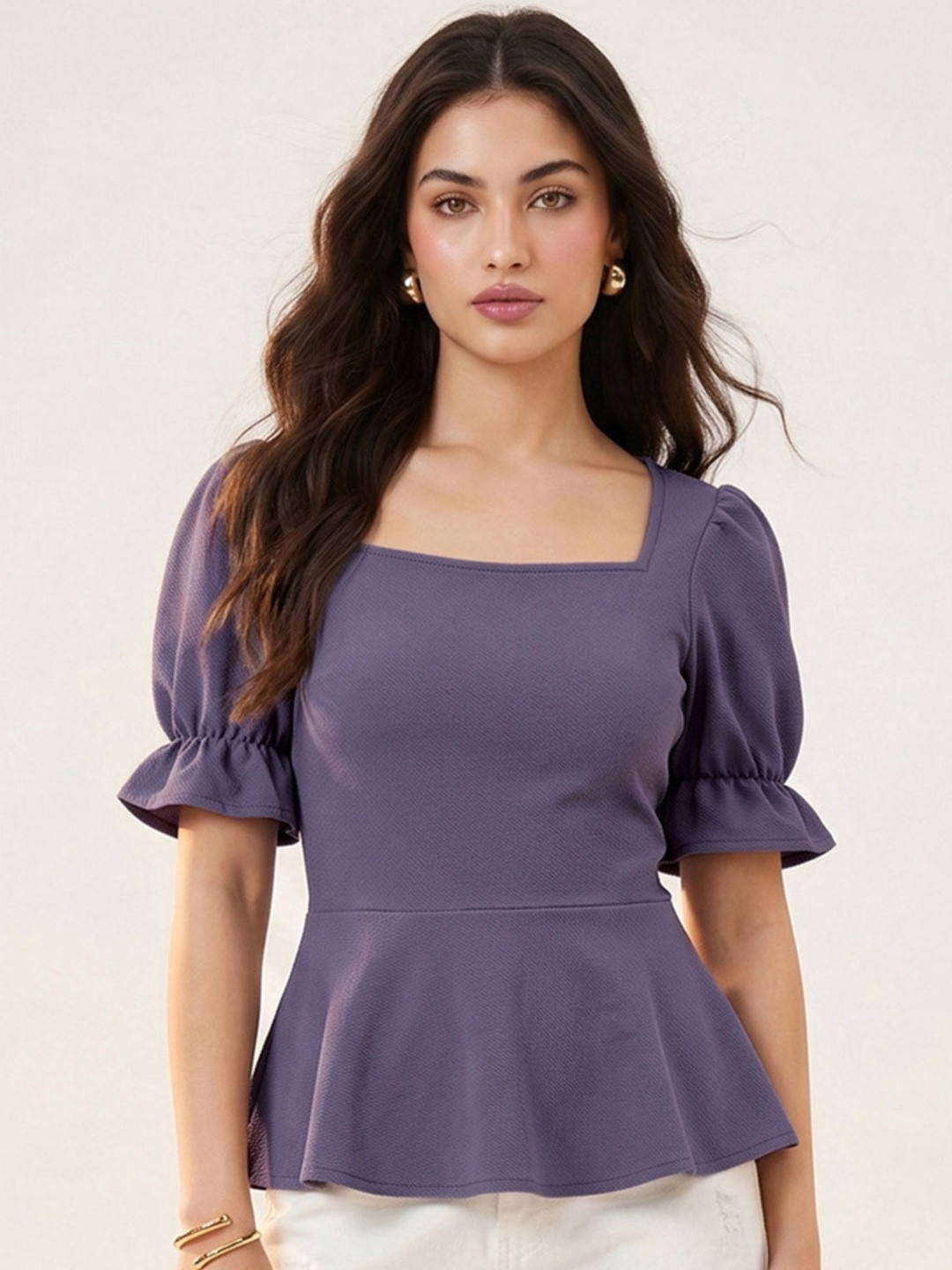 Selvia Puff Sleeve Ruffles Peplum Top