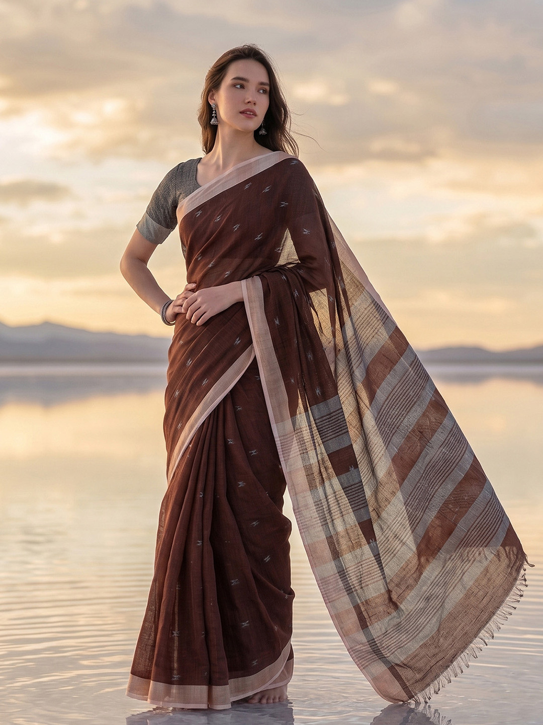 elora Women Brown Soft Linen Butti Printed Bhagalpuri Saree