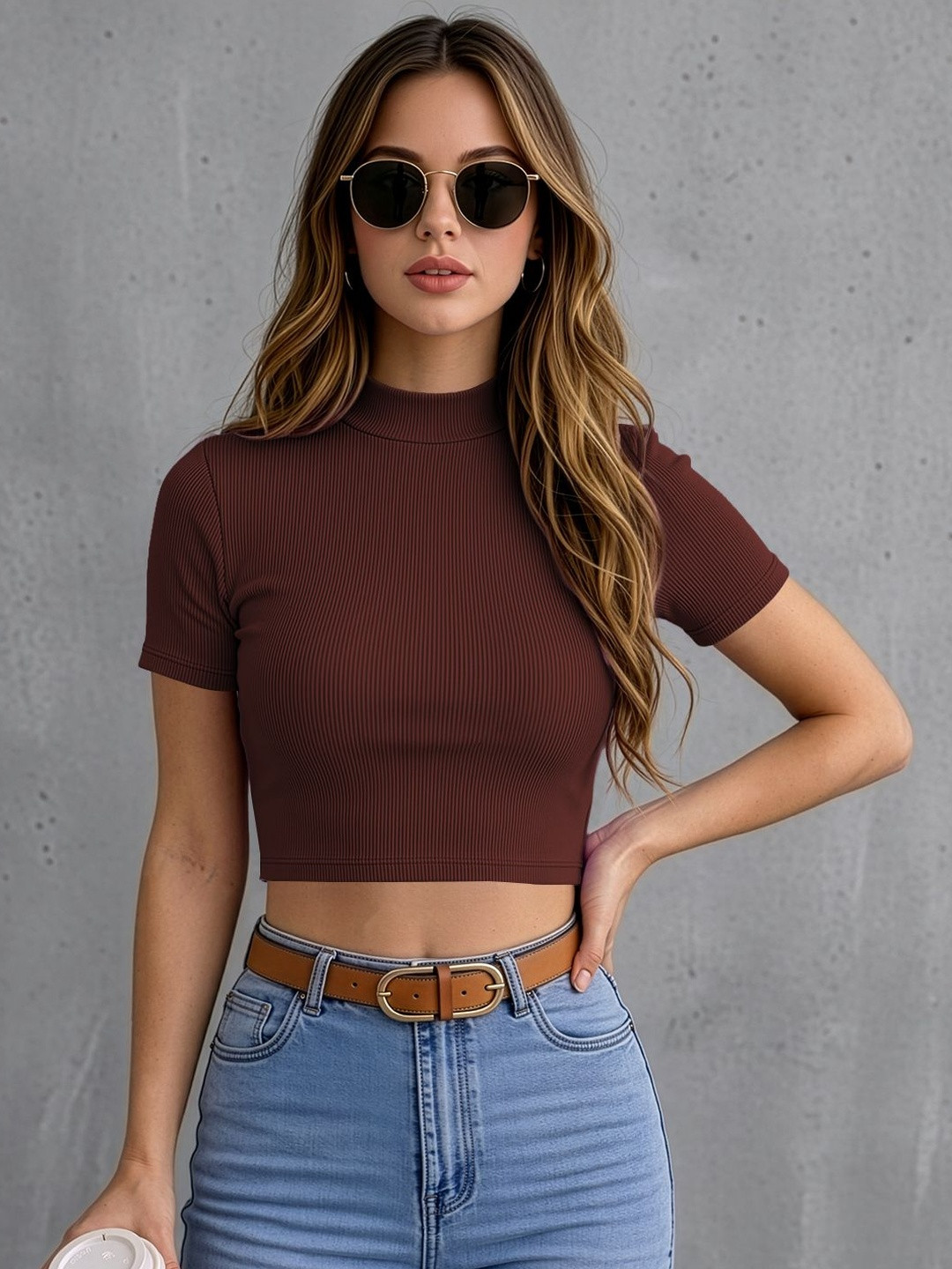 Brown Ribbed High Neck Crop Top