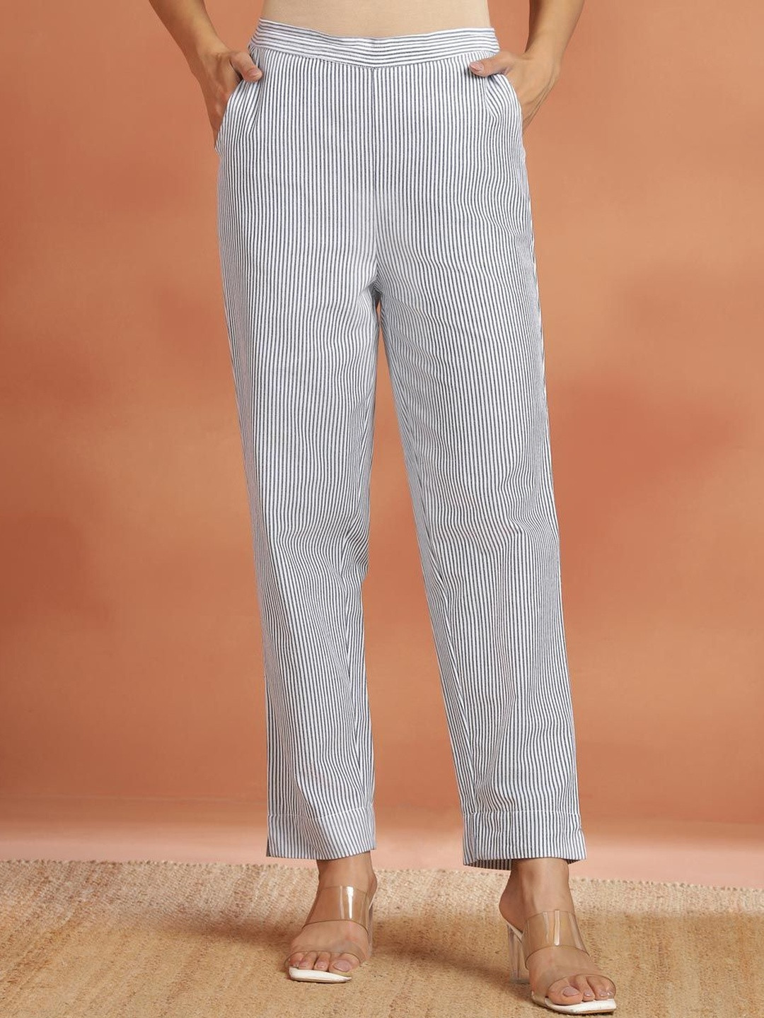Fabindia Women Striped High-Rise Trousers