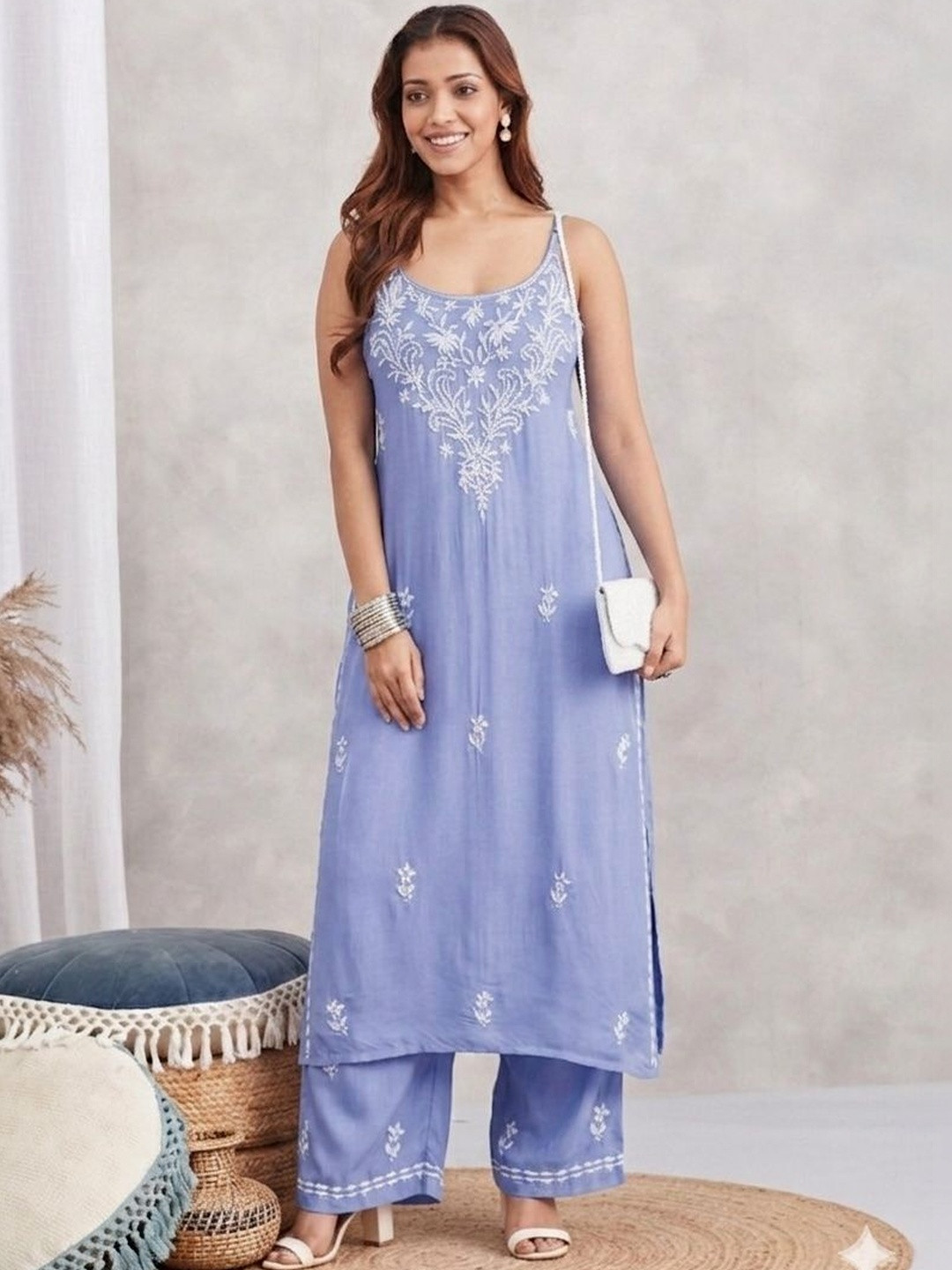 Karicraft Women Ethnic Motifs Embroidered Chikankari Kurta with Palazzos