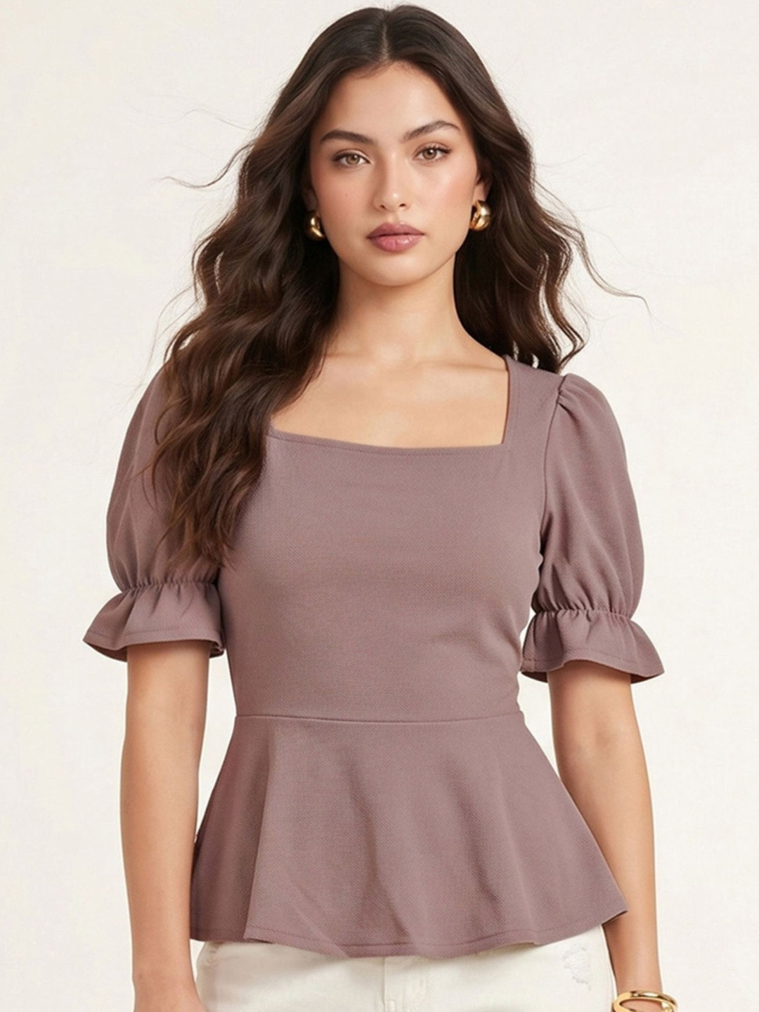 Selvia Self Design Square Neck Puff Sleeve Ruffles Peplum Top