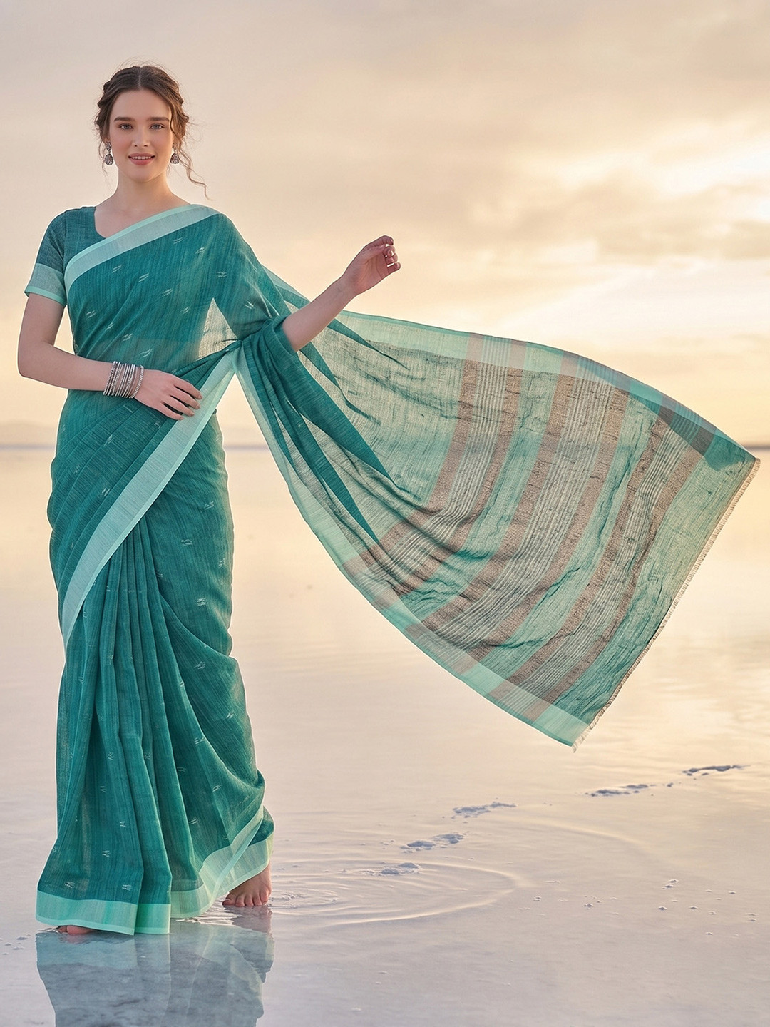 elora Women Sea Green Soft Linen Butti Printed Bhagalpuri Saree