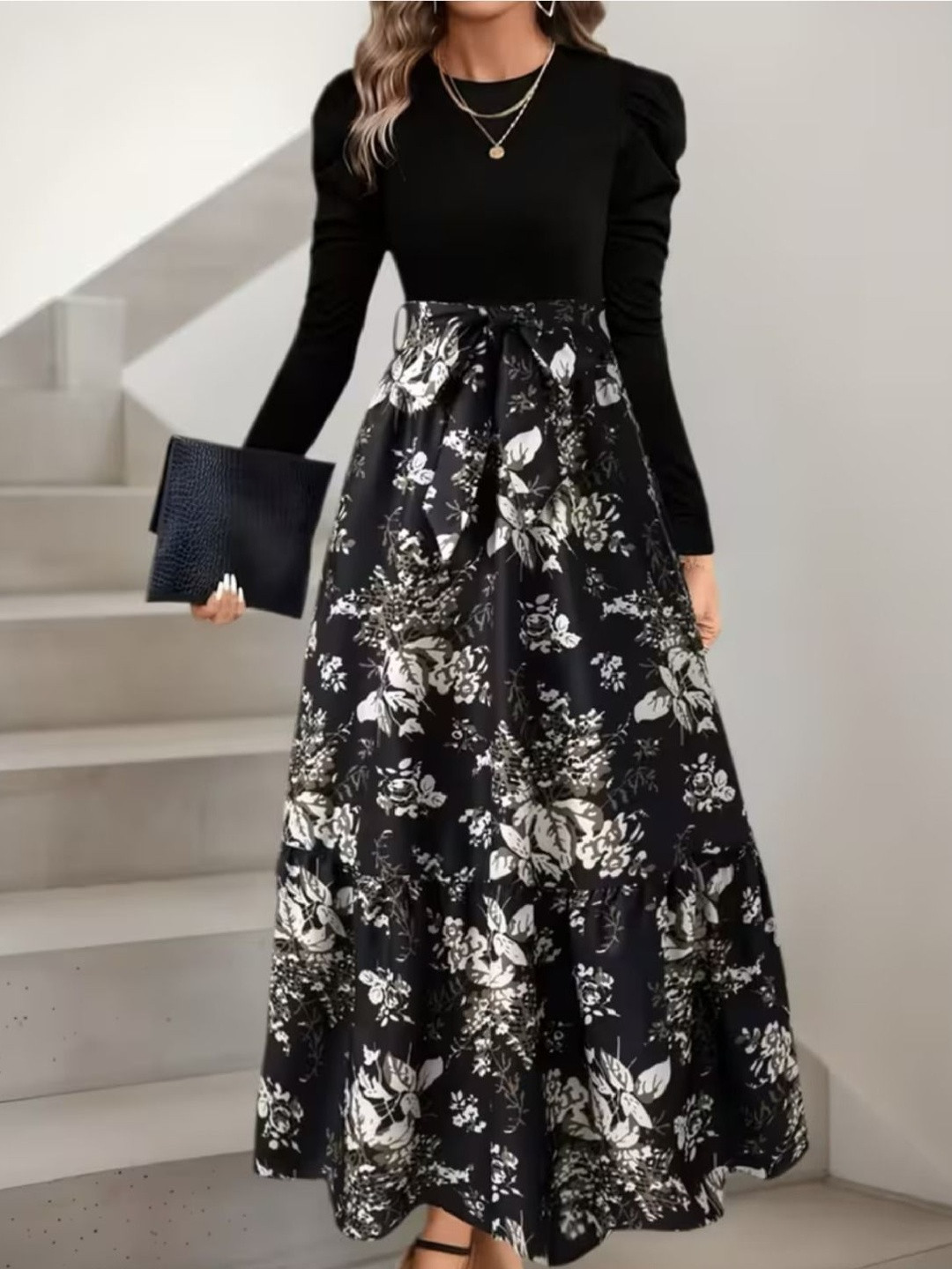 Archi Enterprise Floral Print Puff Sleeve Fit & Flare Maxi Dress