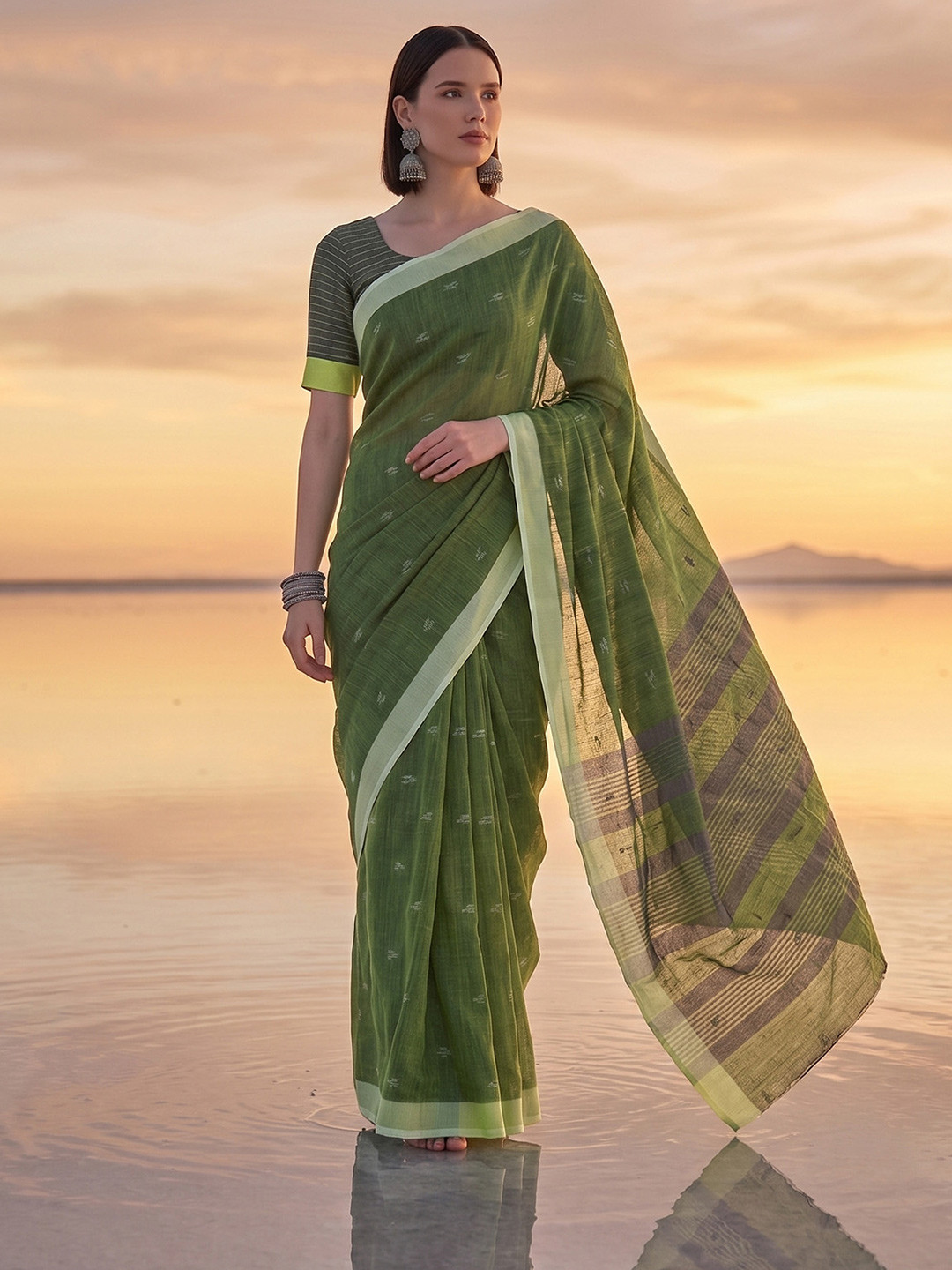 elora Women Green Soft Linen Butti Printed Bhagalpuri Saree