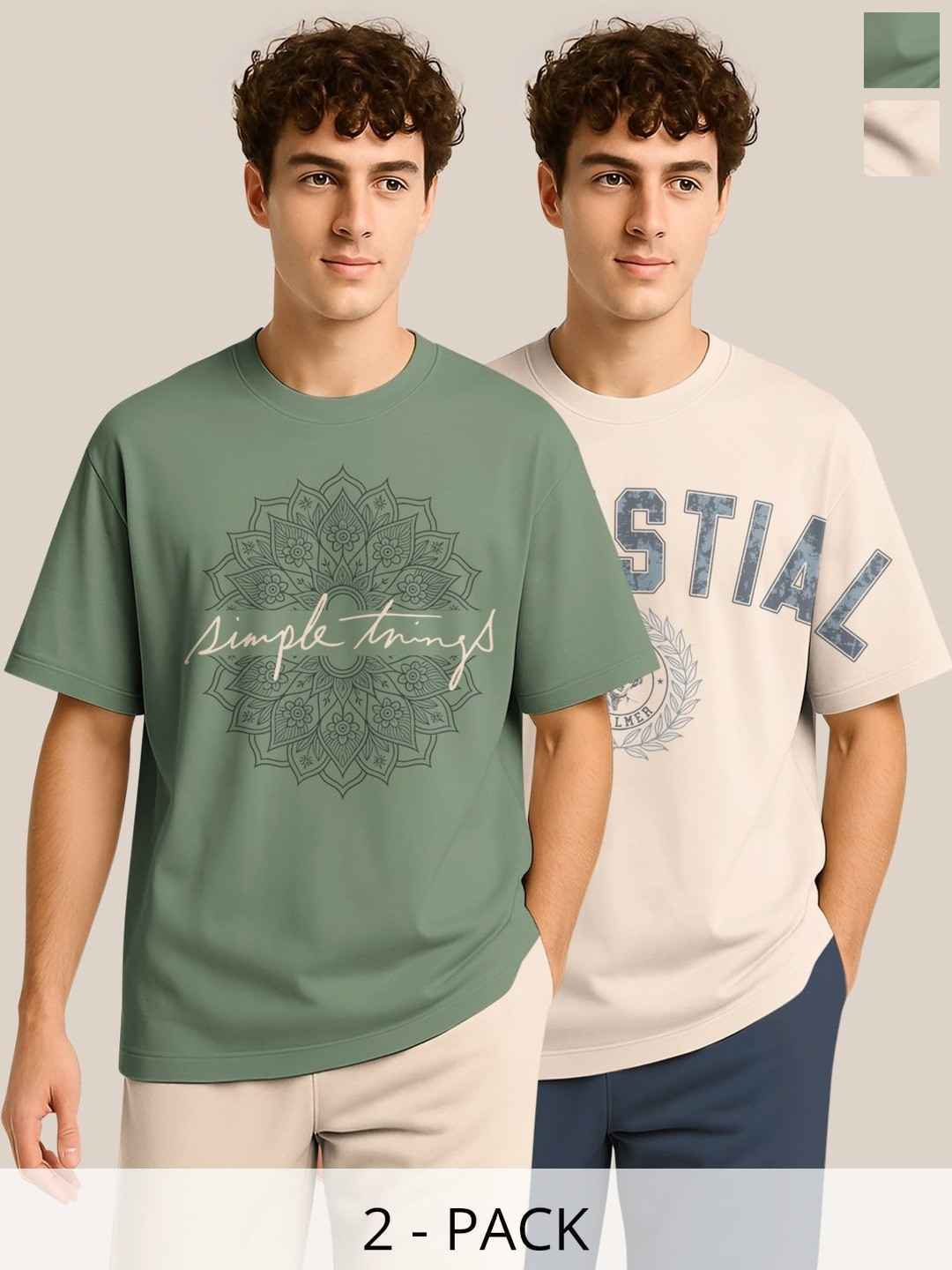 BULLMER Pack Of 2 Typography Printed Crew Neck Drop Shoulder Oversized T-shirts