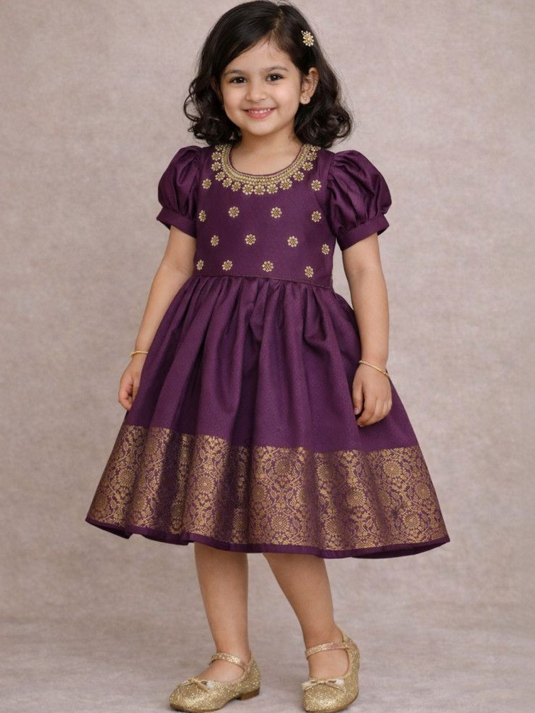 Ethzy Girls Round Neck Floral Embellished Puff Sleeve Fit & Flare Dress