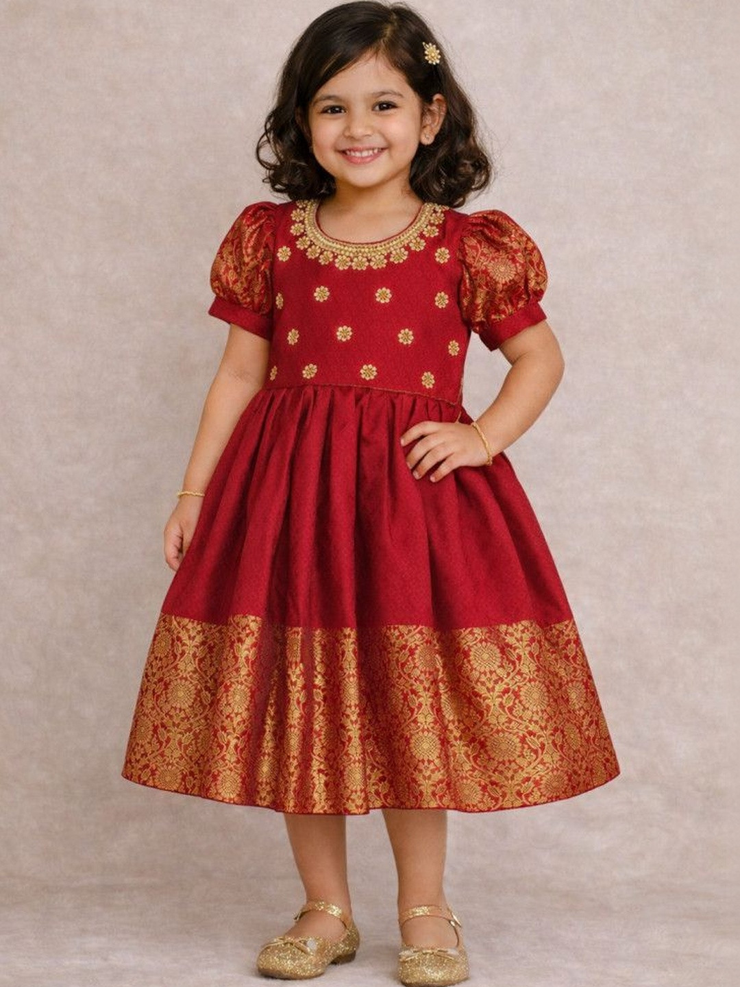 Ethzy Girls Floral Embroidered Puff Sleeve Fit & Flare Ethnic Dresses
