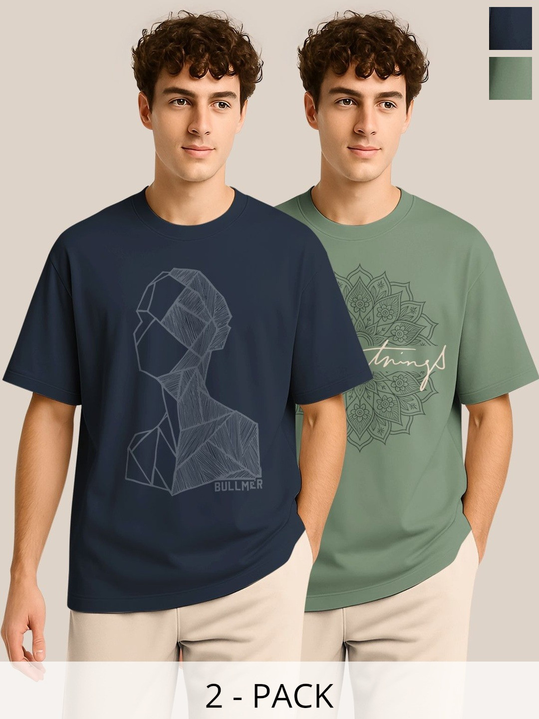 BULLMER Pack Of 2 Graphic Printed Crew Neck Drop Shoulder Oversized T-shirts