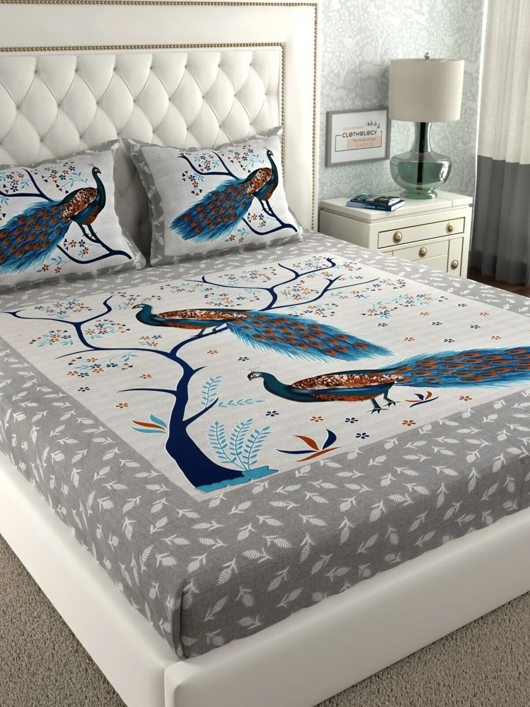 CLOTHOLOGY Dove Grey Traditional Peacock The Mayura Heritage Collection Cotton Double Flat 104 TC Jaipuri Prints Bedsheet Set