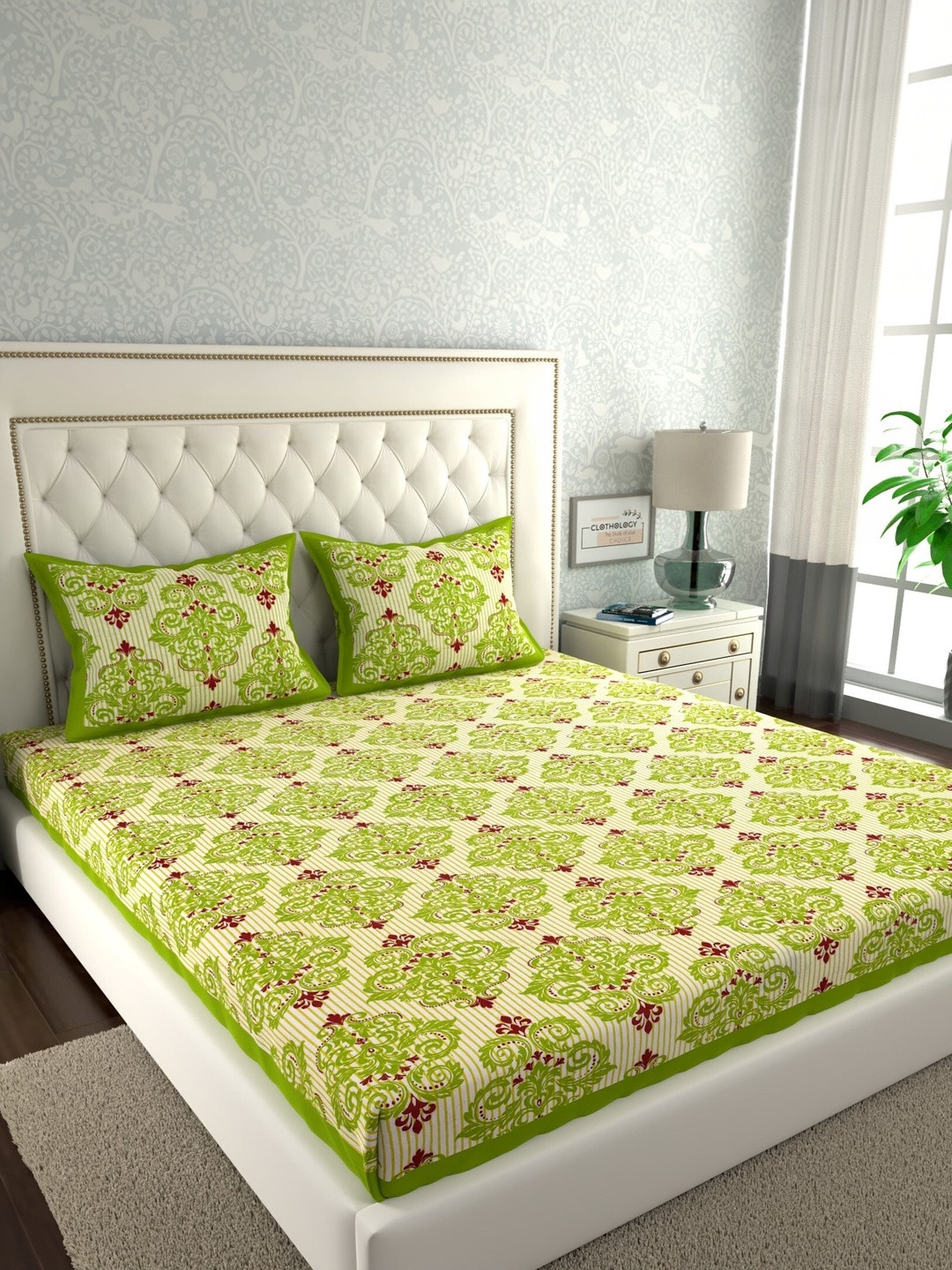 CLOTHOLOGY Meadow Green Damask Imperial Tapestry Cotton Double Flat 104 TC Jaipuri Prints Bedsheet Set