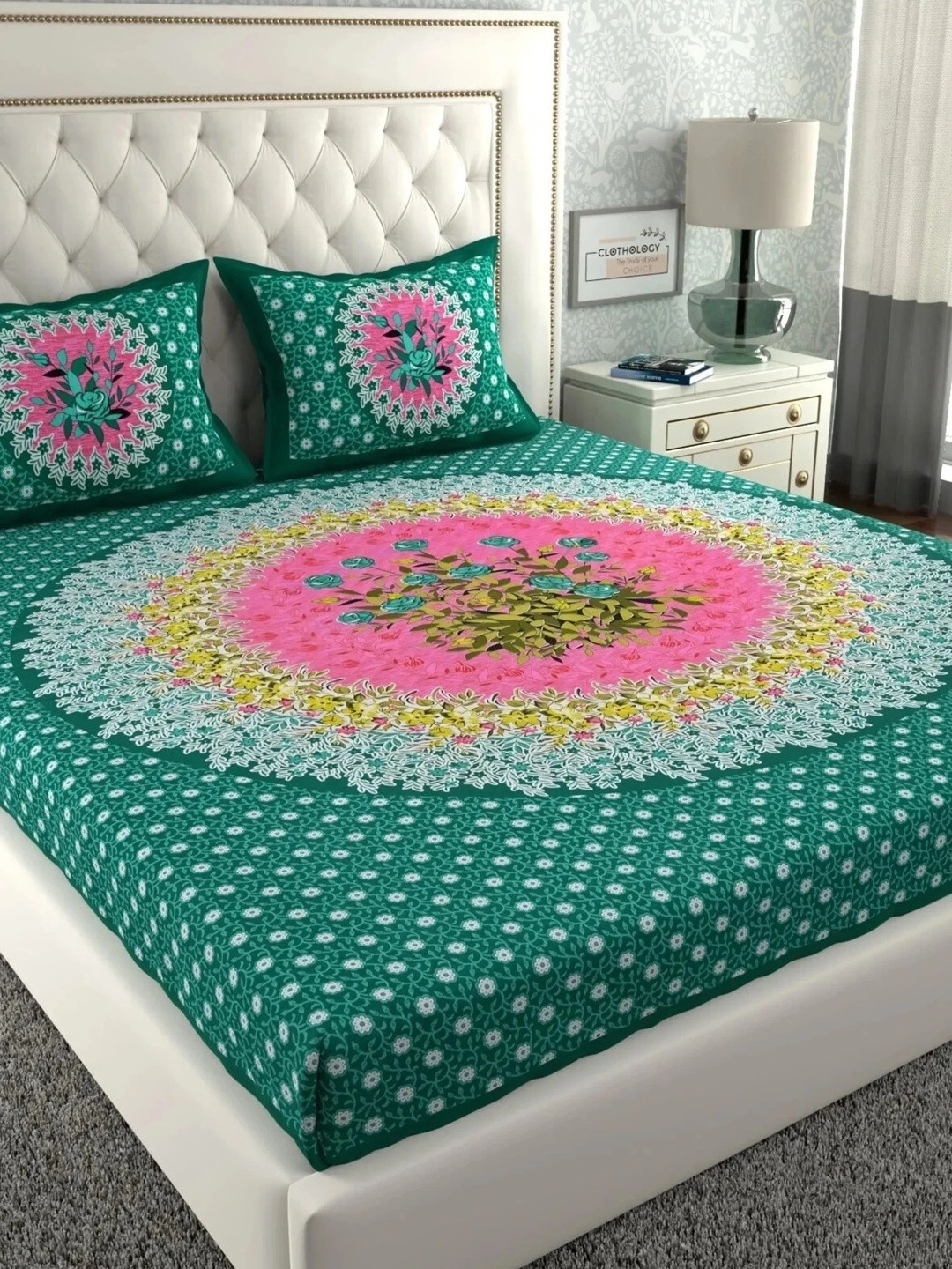 CLOTHOLOGY Green Floral Mandala Veda Heritage Collection Cotton Double Flat 104 TC Jaipuri Prints Bedsheet Set
