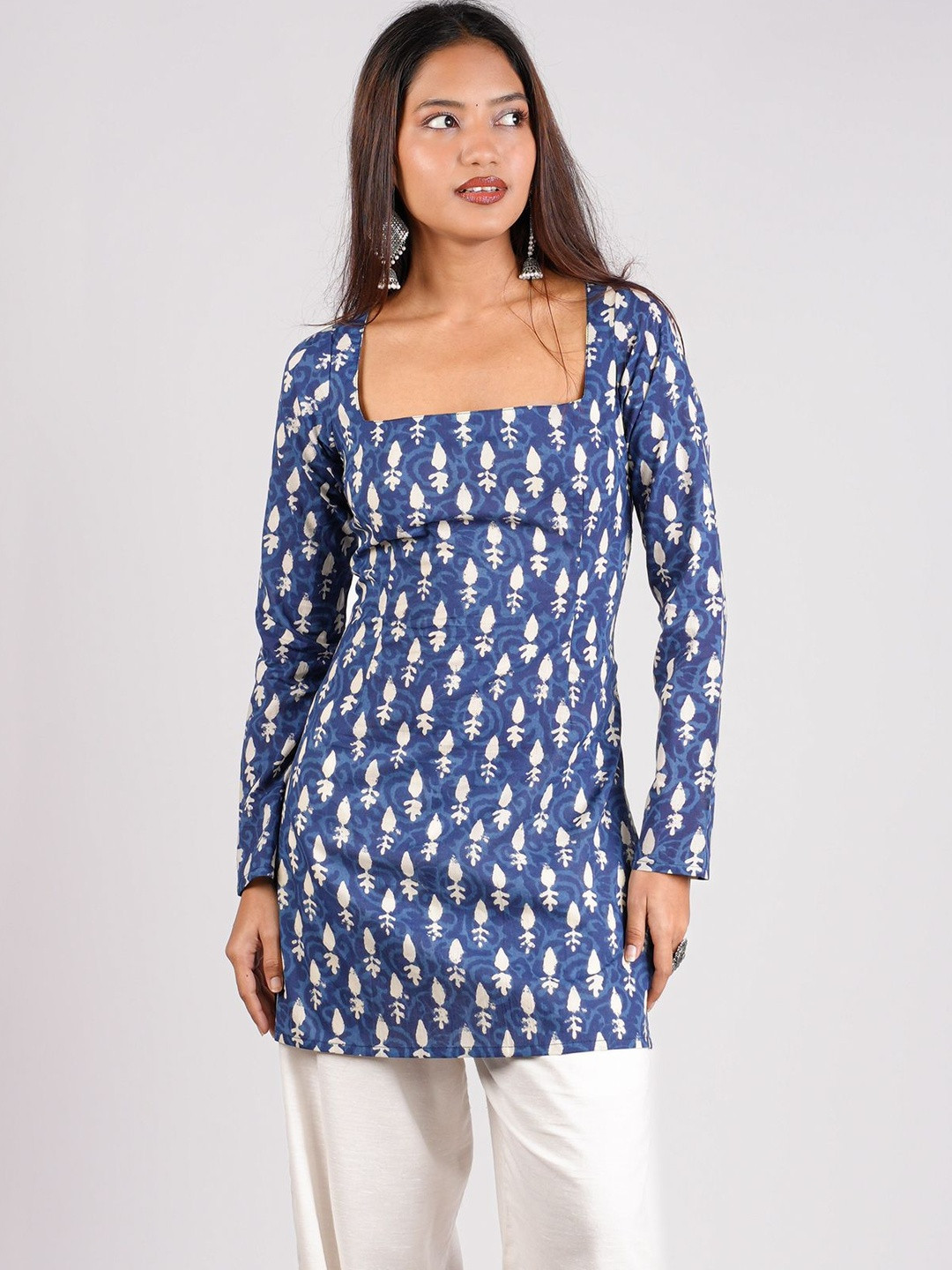 NISHORAMA Ivory Ethnic Motifs Printed Square Neck Pure Cotton Blend Kurti